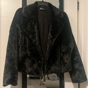 Allegra K Women's Cropped Jacket Notch Lapel Faux Fur Fluffy Coat